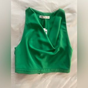 Zara - green, sleeveless cropped blouse w cowl neck
